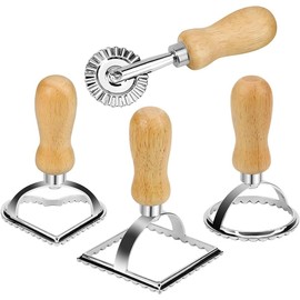 QYINXIU 4 Pack Ravioli Stamp Maker Cutter, with Roller Wheel, Wooden Handle and Fluted Edge, for Ravioli, Pasta, Dumplings Lasagna, Pierogi