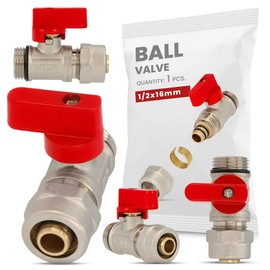 PEX Ball Valve 16 x 1/2 Inch Red Durable Brass Central Underfloor Heating Distributor Pack Nut Tightness Heat Resistance