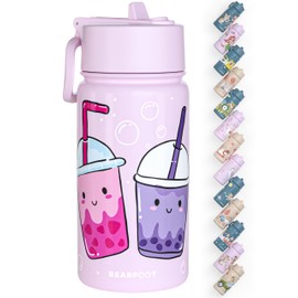 BEARFOOT Children's Stainless Steel Water Bottle with Straw - Thermos Flask 400 ml - BPA Free - Leak-Proof - Toddlers, Girls and Boys Water Bottle for School, Nursery (Purple - BubbleTea)