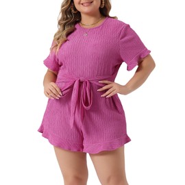 Agnes Orinda Plus Size Rompers for Women 2024 Summer Short Sleeve Cute Ruffle Front Tie Beach Short Jumpsuits 1X Hot Pink