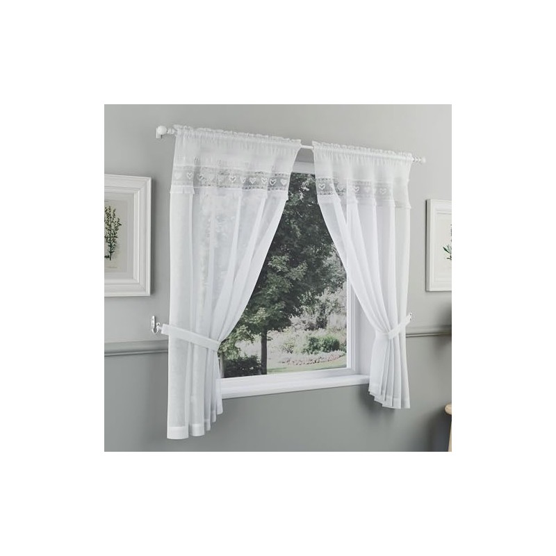 Tyrone Textiles Lucy Embroidered Heart White Kitchen Window Set Curtain