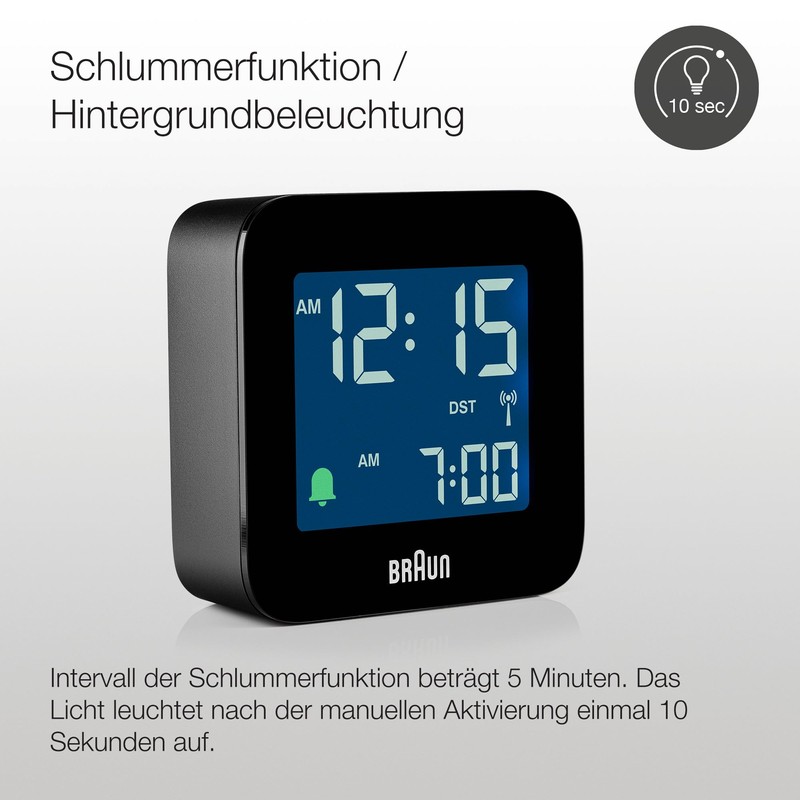 Braun BC08B-DCF Digital Travel Alarm Clock Central European Time Zone