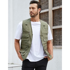 Gihuo Men's Fishing Vest Utility Safari Travel Vest with Pockets Outdoor Work Photo Cargo Fly Summer Vest (X-Large, Army green)