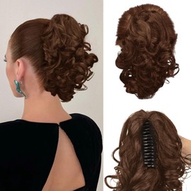 RICH BRIA Ponytail Extensions Real Human Hair Claw Clip in Pony Tails for Women Curly Ponytails Hair Extension 10 inch Medium Brown