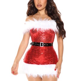 IMISSILLEB Mrs Claus Costume Adult Women Sequin Feather Trim Strapless Mini Dress with Belt Christmas Santa Cosplay Outfits (Standard, L, Red Sequin Dress)