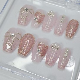 Pink heart glitter handmade nail tips - short nose pin / 핑크 하트 글리터 수제네일팁 - 숏코핀