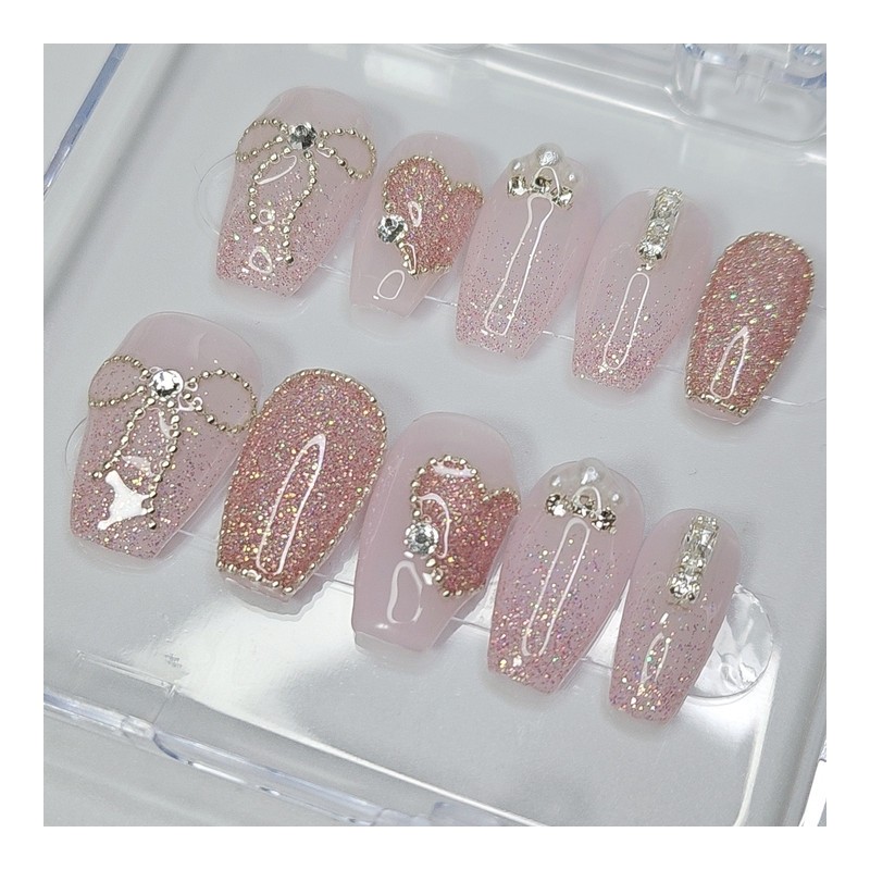 Pink heart glitter handmade nail tips - short nose pin