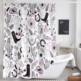 Cowboy Western Boho Cactus Shower Curtain, Cowgirl plants bohemian feathers print cute bathroom decor Bath Curtains, Bull Head Skull horseshoe Polyester Accessories with Hooks 69x70 Inches（Purple）