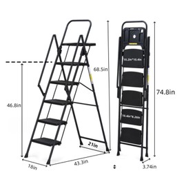 Donext 5 Steps Modern Steel Folding Ladder,Step Stool with Tool Tray Anti-Slip, Portable Step Ladder for Home Use,Black
