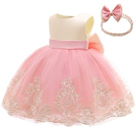 Baby Girls Embroidery Dresses Toddler Lace Ruffles New Year Easter Tutu Dress with Headwear (Pink,80)