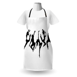 Lunarable Modern Apron, Silhouettes of Jumping People Teens Contemporary Dance Performance Themed Print, Unisex Kitchen Bib with Adjustable Neck for Cooking Gardening, Adult Size, Black White