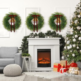 Yuxung 3 Pcs 24 Inch Christmas Norfolk Pine Wreath Artificial Real Touch Norfolk Wreath Winter Farmhouse Greenery Decoration with Ribbon Bow for Front Door Xmas Indoor Outdoor Home Decoration(Red)