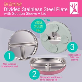 Elk and Friends Stainless Steel Divided Plates with Silicone Sleeve for Babies & Toddlers | Lids Included | Stay Put Suction | Dinner & Snack Plates | 4 Pack