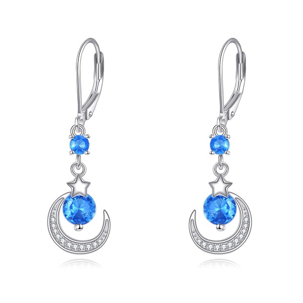 925 Sterling Silver Moon Earrings with Blue Zircon Drop Dangle
