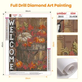 Bowetile Welcome Fall Diamond Art Kits for Adults, Pumpkin Thanksgiving Diamond Painting Kits for Adults, DIY 5D Full Drill Round Crystal Rhinestone Gem Art Craft Kits for Home Decor 12x16 Inch