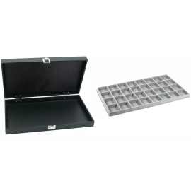 FindingKing Black Jewelry Display Case (Single metal clasp) w/ Gray 32-slot Plastic Tray