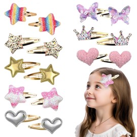 Tavvke 8 Pairs Sparkly Hair Clips for Girls and Women, Star Heart Crown Butterfly Snap Barrettes, Cute Metal Snap Accessories for Fine and Thick Hair