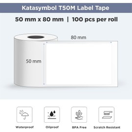 SUPVAN KATASYMBOL T50M Label Tape Waterproof, Clear Printing, Multipurpose Thermal Label Paper for File Folder, Organization, 50 mm x 80 mm, Black on White, 100 Labels per Roll, 4 Packs