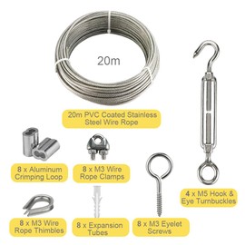 20 m Stainless Steel Cable Kit, 3 mm Wire Rope Trellis Tension Wire with M5 Stainless Steel Rope Tensioner/Turnbuckle Hook and Eyelet, Eye Screw, Wire Rope Clamp, Aluminium Press Clamps & Wire Rope Thimbles