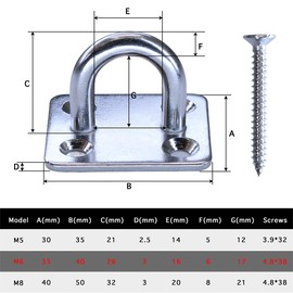 Ceiling Hook Stainless Steel with Eyelet Plate, Rubber Stoppers and Screws - For Yoga, Punch Bag, Swing, Hammock and Training Strap - M6 Eye Plate Wall Hook Eyelet Holder 4-Hole in Rustproof 304