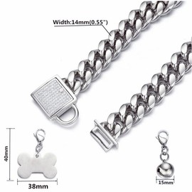 RUMYPET Silver Dog Collar 10MM/14MM/18MM Cuban Link Chain Choke Collar with CZ Buckle,Dog ID Tag and Dog Bell Sturdy Chew Proof for Puppy American Pitbull German Shepherd(14mm,26inch)