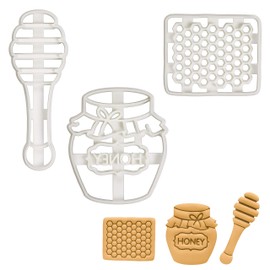 Set of 3 Honey cookie cutters (Designs: Cut Comb, Honey Pot, Honey Dipper), 3 pieces - Bakerlogy