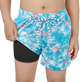 Century Star Boys Swim Trunks with Boxer Brief Liner Boys Swimwear Quick Dry Bathing Suit Toddler Swim Trunks Infused Flamingo 8-9 Years