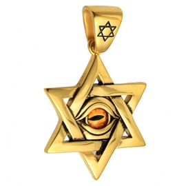 Rockyu Evil Eye Necklace for Men Silver Stainless Steel Star of David Pendant Inlaid Artificial Crystal Devil's Eye Chain 22 Inch Religious Jewish (Gold)