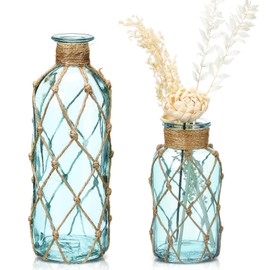 Chuangdi Set of 2 Coastal Glass Vases for Flowers Small Flower Vase with Boho Rope Wrapping Beach Decorative Bottle for Coastal Nautical Table Centerpiece Wedding Floral Arrangement Decor(Light Blue)