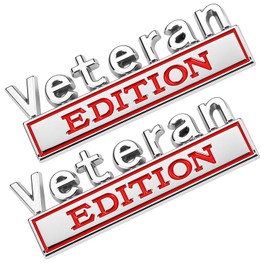 2Pack Veteran Edition Car Emblem with 4 Adhesives, 3D Badge Decal for Trucks, Metal Stickers Replacement Compatible with Universal Vehicle, Army Veteran Gifts for Men (Silver & Red)