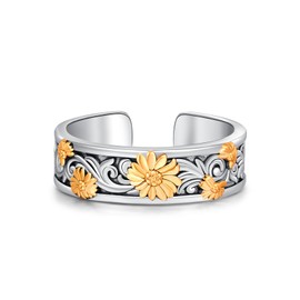 ZIPPICE Sunflower Ring Made of 925 Silver Women's Ring with Oxidised Silver and Open Adjustable Spinner Ring Size 8 for Women Elegant Gift for Birthday Christmas and Mother's Day, Sterling Silver, No