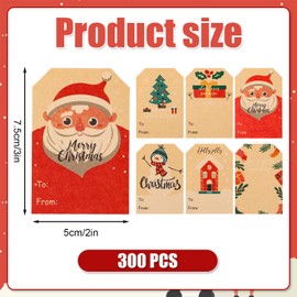 300pcs Merry Christmas Name Gift Label Stickers, 6 Patterns 2x3 inch Decorative Envelope Kraft Tags for Xmas Present Bag Party Favor Box