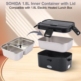 SOHIDA 1.8L Stainless Steel Inner Container with Lid – Dual Compartment, Removable, Dishwasher Safe, Compatible with 1.8L Electric Heated Lunch Box