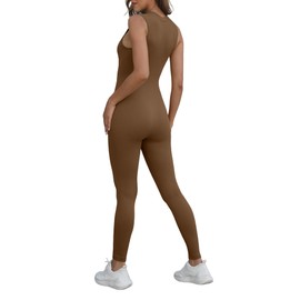 Neweek Jumpsuits for Women Tummy Control Sleeveless Zip Up Ribbed Rompers Brown XL