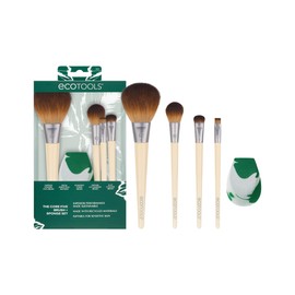 EcoTools EcoTools Core Five Makeup Brush and Sponge Kit, For Eyeshadow, Blush, Bronzer, Eyeliner, & Foundation, Makeup Blending Sponge, Brush Essentials, 5 Piece Set Tan