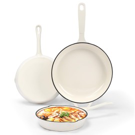 Nonstick Enameled Cast Iron Cookware - 3 enameled cast iron skillet 8-Inch, 9.5" Frying Pan & 11-Inch Large Cookware, Healthy Non Toxic Cooking Pan, PFOA PFAS PTFE Free, White