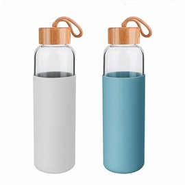 Lily's Home Borosilicate Glass Water Bottles Set of 2 - Glass Water Bottle Set. 18 oz Glass Bottles with Lids (Bamboo, Leakproof Seal), BPA Free, Silicone Sleeves to Avoid Drops & Bumps