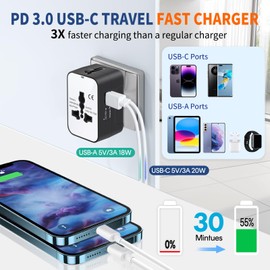 Travel Adapter Fast Charge, GaN Worldwide All in One Universal Travel Adapter with PD3.0 Type C & USB-A Quick Charging Portable Wall Charger AC Power Plug Adapter for USA EU UK AUS, White