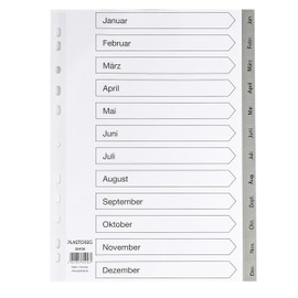 Dividers/Index Sheets, Polypropylene, DIN A4, with Months Jan–Dec [German Language], Sturdy Paper Cover Sheet for Labelling, 5-Pack of 12 Dividers, Extra Wide for Organising Files in the Office