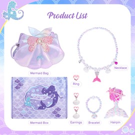 Belle&Birdie Mermaid Purse for Girls, Little Girl Purse with 6pcs Dress Up Jewelry Set Pretend Play Kids Accessories, Birthday Mermaid Toys for Girls, Kids,Toddler