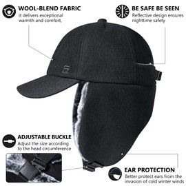 GADIEMKENSD Unisex Winter Wool Baseball Cap with Faux Fur Lined Ear Flaps Trap Cap with Reflective Line, black
