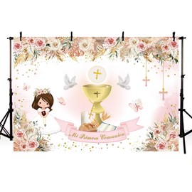 MEHOFOND 7x5ft Boho Mi Primera Comunion Backdrop for Girls Baptism First Holy Communion Christening Photography Background Gold Bless Ceremony Pink Floral Pampas Photo Studio Props