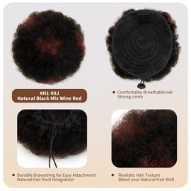 FEIPRO Girls Real Human Hair Afro Puff Ponytail for Black Women Short Kinky Curly Ponytail Extension Drawstring Ponytail 4c African American Fake High Bun Cheer Natural Black Mix Wine Red 6 Inch 40g