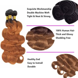 KODRHAR Bundles Human Hair, Black to Light Brown Body Wave Ombre Bundles Human Hair 24 26 28 inch Wet n Wavy Quick Weave Sew in Extensions