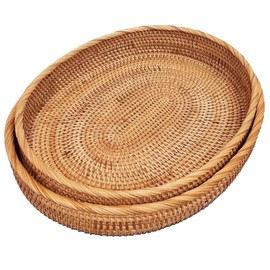 i-lan 2Pack Large Oval Rattan Serving Trays Without Handles-16 and 17" Oval Serving Tray for Bread,Coffee and Snacks, Decorative Wicker Display Tray Set for Ottoman, Coffee Table,XL+XXL(Set of 2)