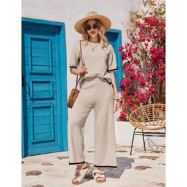 Ekouaer Lounge Set for Women Travel Outfits 2 Piece Sets Short Sleeve Sweater Top Wide Leg Long Pants Loungewear Moon Gray XXL