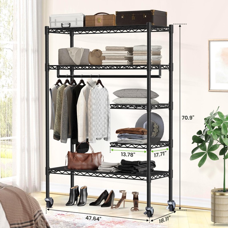 JS HOME Heavy Duty Garment Rack, Free-Standing Rolling Clothes Rack