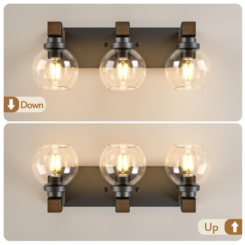 Farmhouse Bathroom Vanity Light Fixtures, 3-Light Wood Bathroom Light Fixtures
