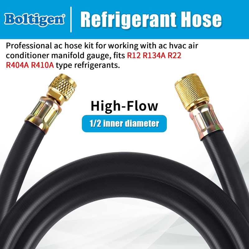 Boltigen 1/2'' ID Vacuum Refrigerant Hose, High Flow Black HVAC
