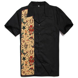 Anchor MSJ Men's 50s Male Clothing Rockabilly Style Casual Cotton Blouse Mens Fifties Bowling Dress Shirts (XXL) Black